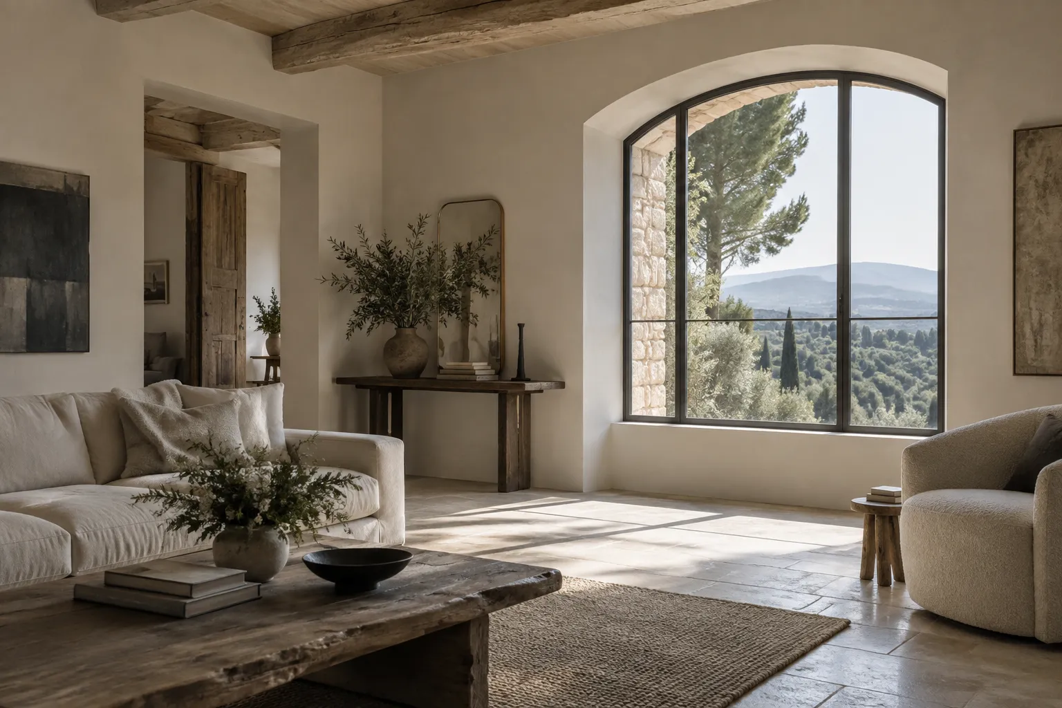 Salon lumineux avec une grande fenêtre cintrée ouverte sur le paysage.