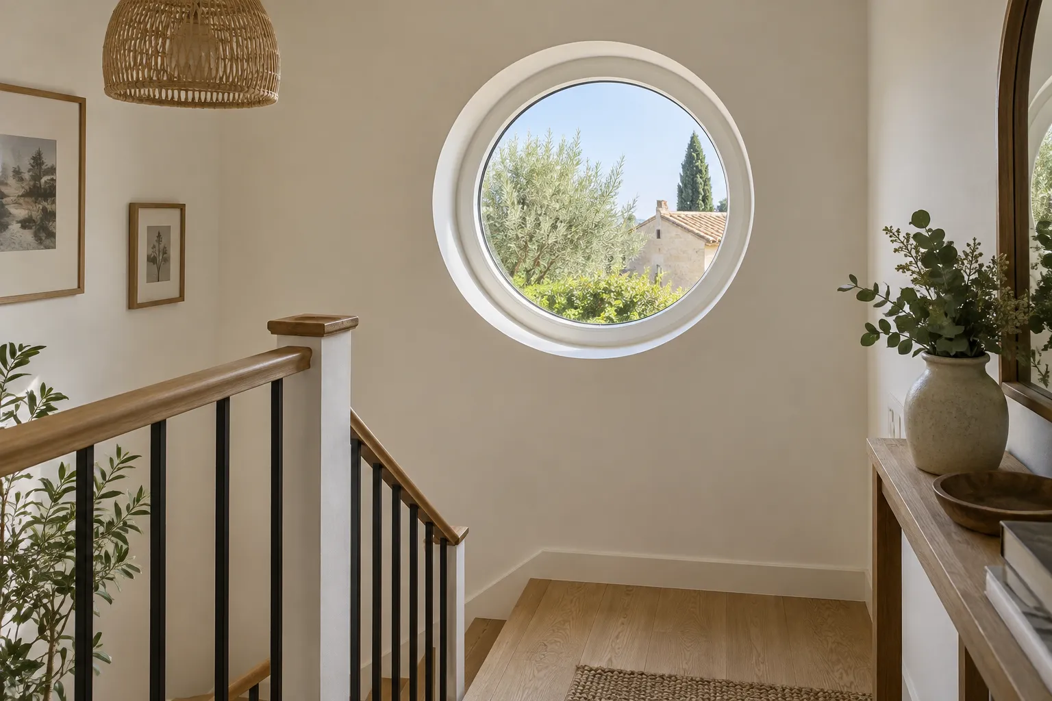 Fenêtre ronde œil-de-bœuf dans une cage d’escalier