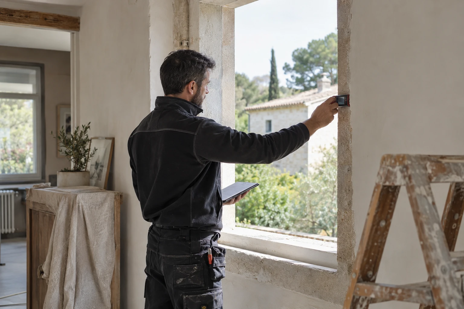 Illustration de la prise de cotes d’une menuiserie par un professionnel.