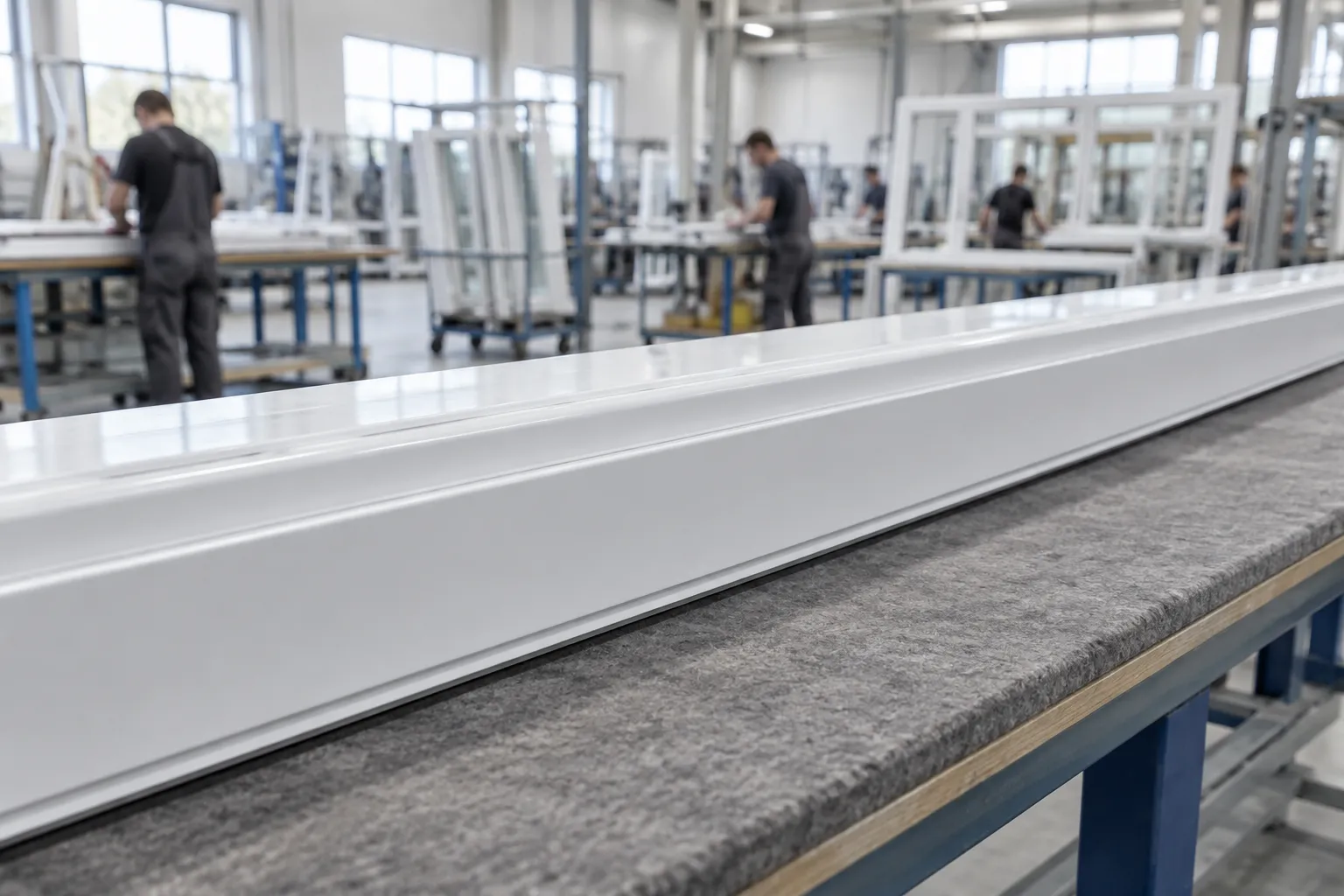 Profilé de fenêtre PVC en atelier de fabrication.